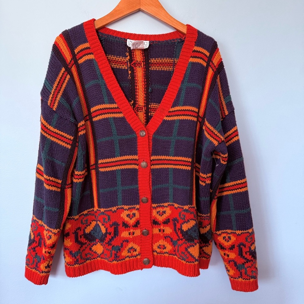 Nell Flowers by J.G. Hook Vintage Ramie Blend Plaid Cardigan Sweater Size Small
